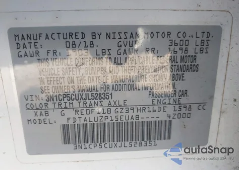 2018 Nissan Kicks Sr z USA, uszkodzony, nr VIN 3N1CP5CUXJL528351